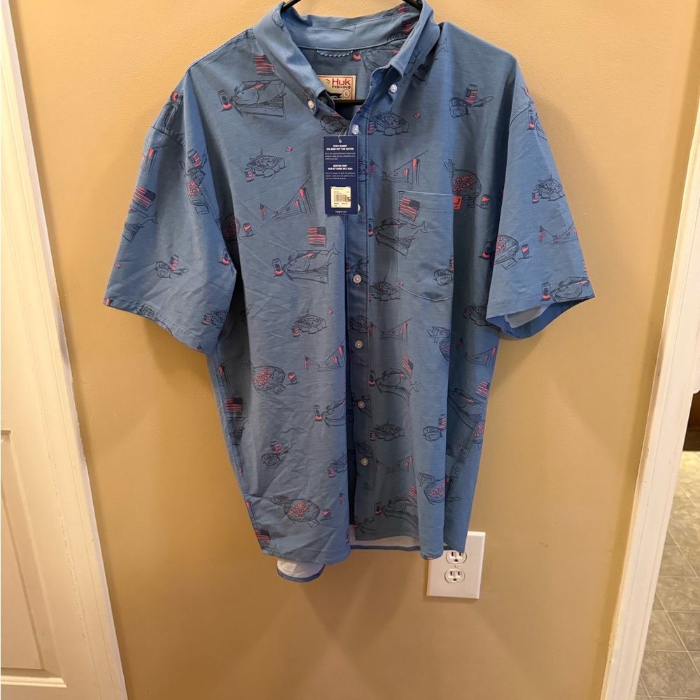 Huk Blue and Red Fish Print Button Down Shirt